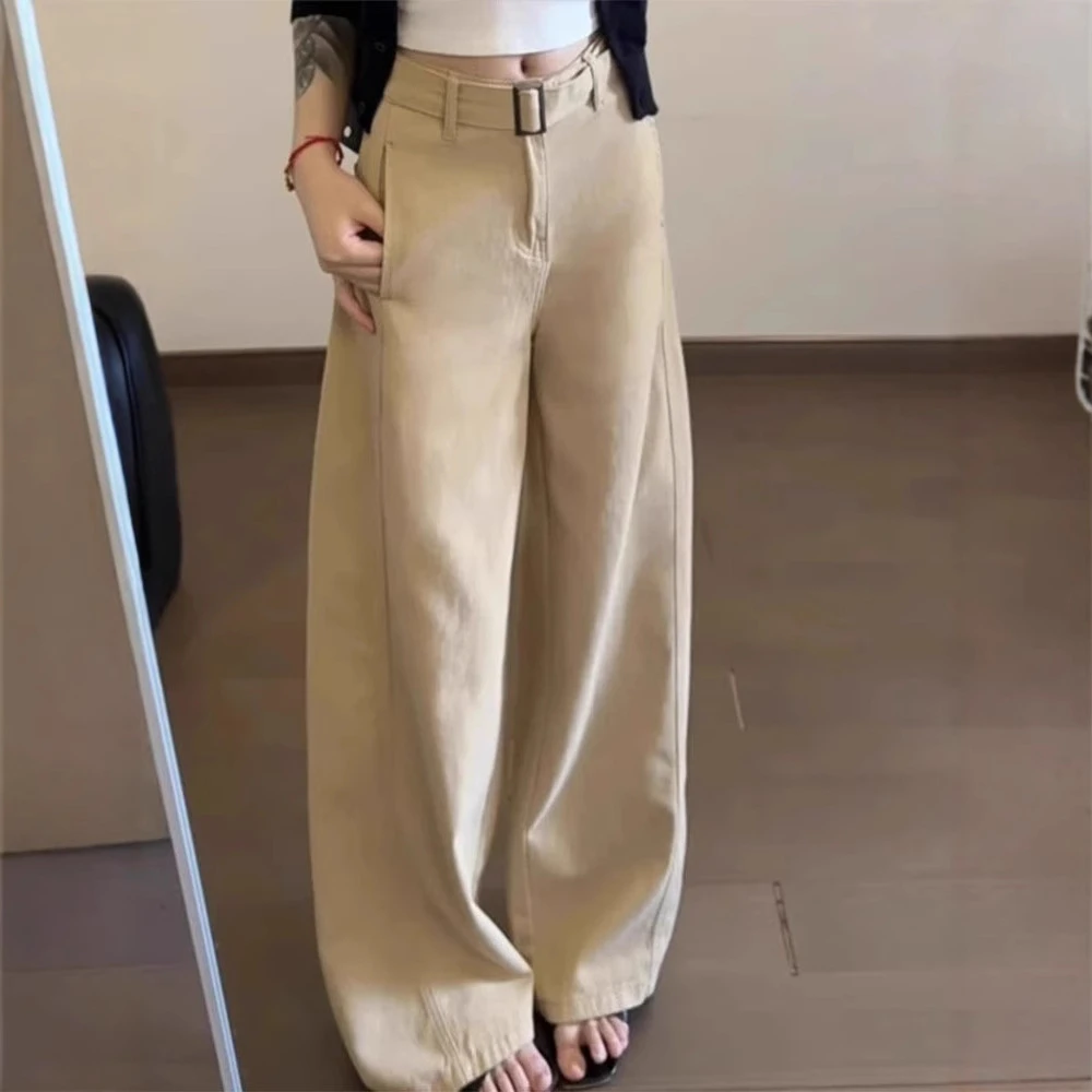 大码卡其色弯刀牛仔裤女夏季高腰胖mm宽松直筒拖地裤休闲阔腿裤子