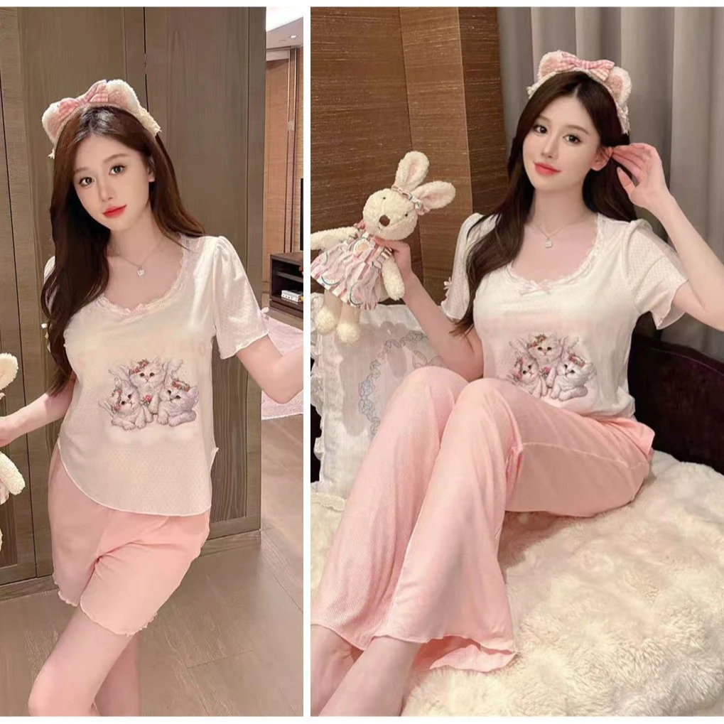 睡衣女三件套夏季细坑条莫代尔棉猫咪印花短袖短裤长裤家居服