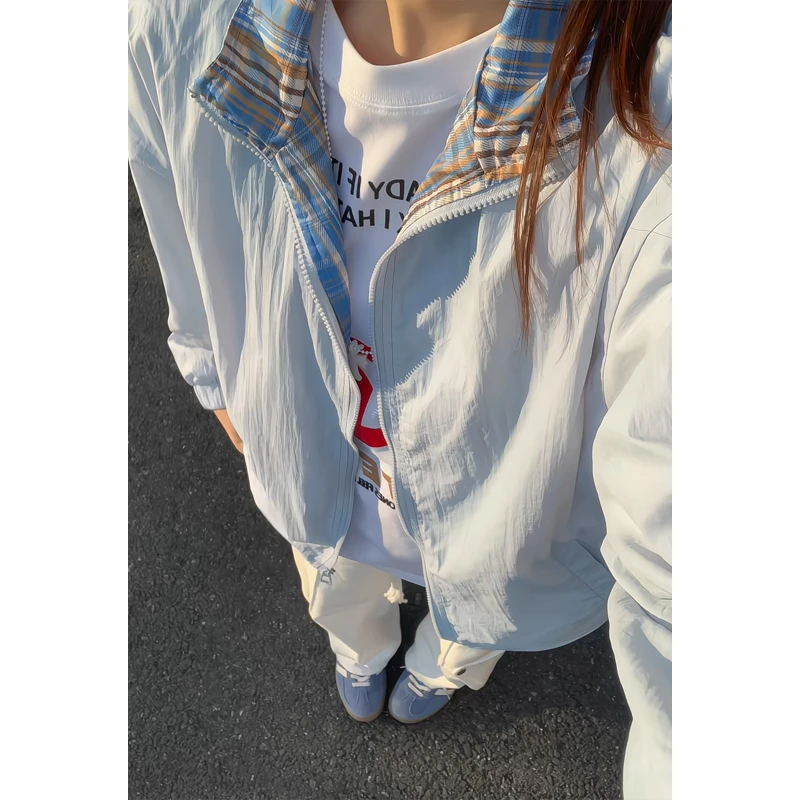 UPF50+冰川蓝情侣防晒衣男款轻薄户外运动中学生外套格子拼接夹克