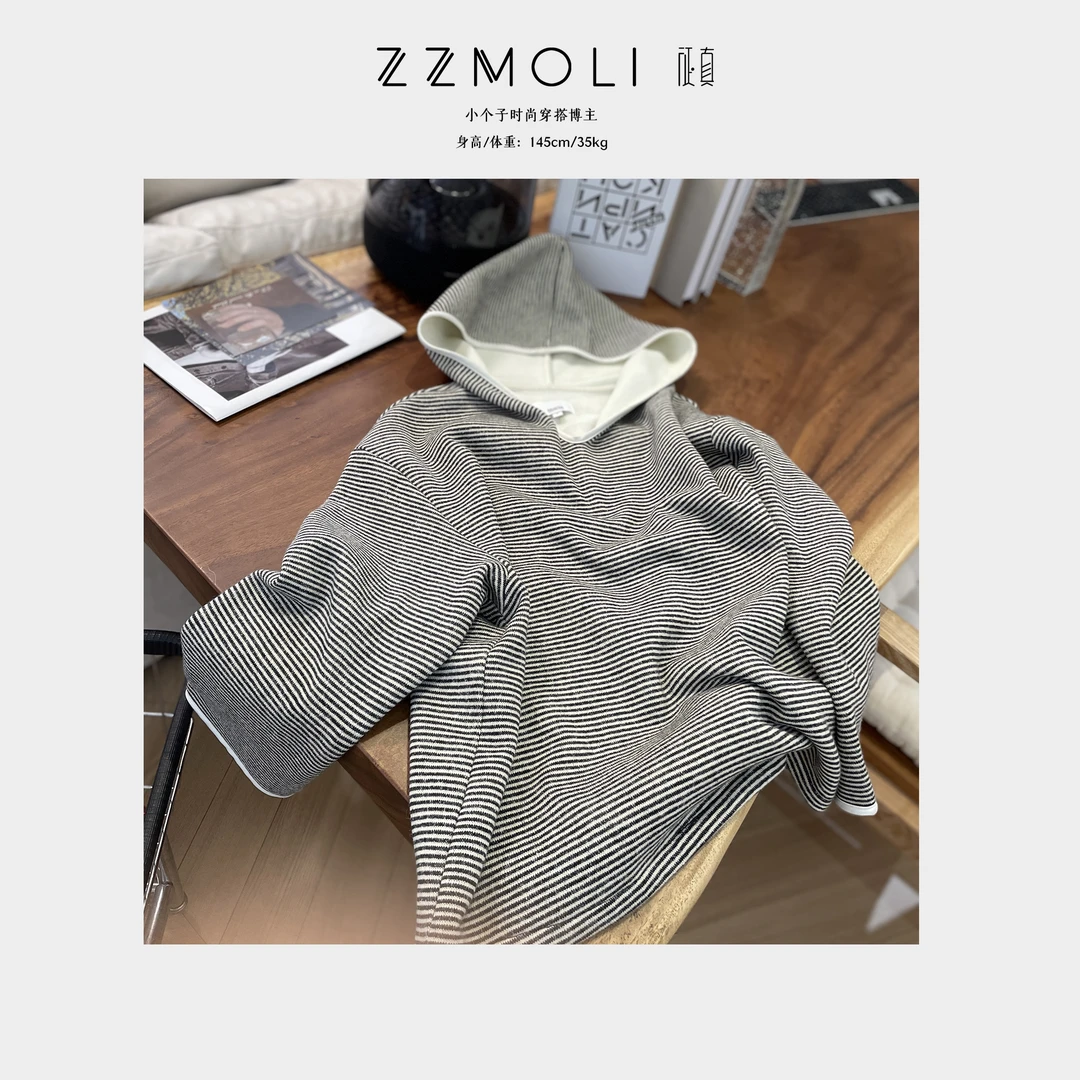ZZMOLI 小个子慵懒风加绒连帽卫衣女长袖条纹针织衫ZBY38111