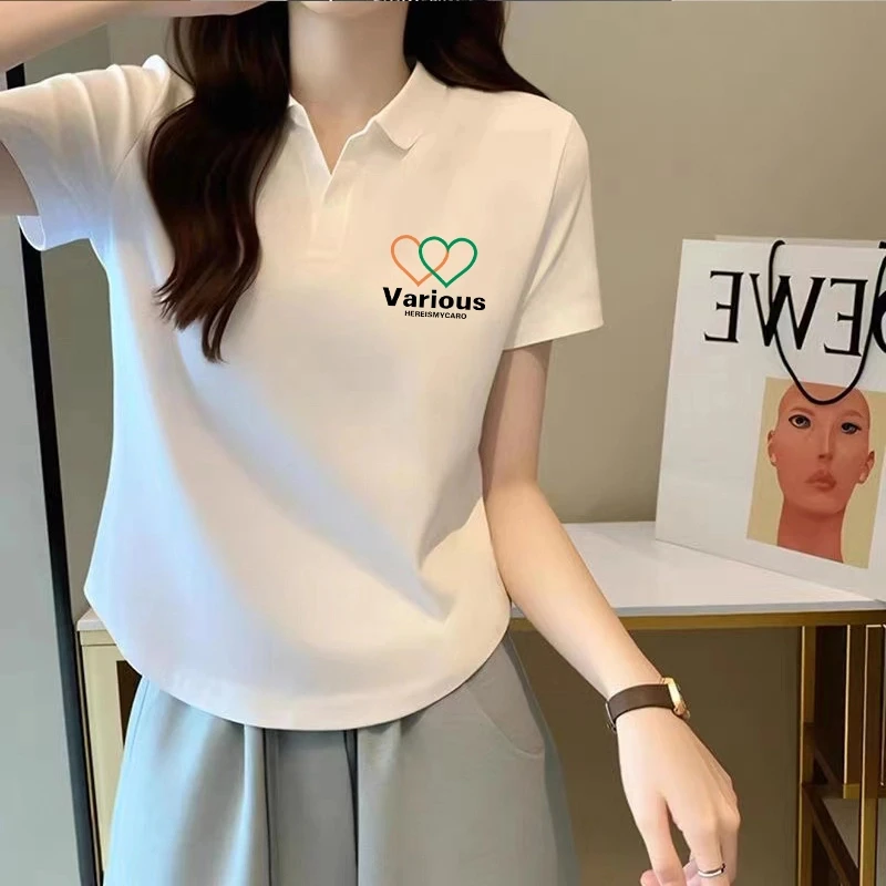 2025新款减龄POLO领白色短袖T恤女夏修身正肩翻领打底衫短款上衣