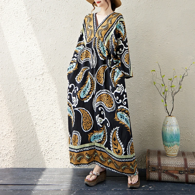 高级感民族风定位印花长袖连衣裙女秋装垂感大码宽松显瘦连衣裙潮