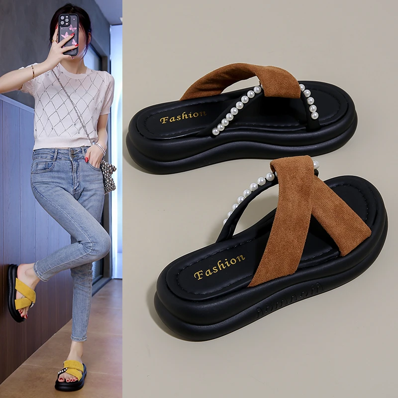 凉拖鞋女夏外穿2025新款仙女风配裙子厚底沙滩凉鞋时尚珍珠一字拖