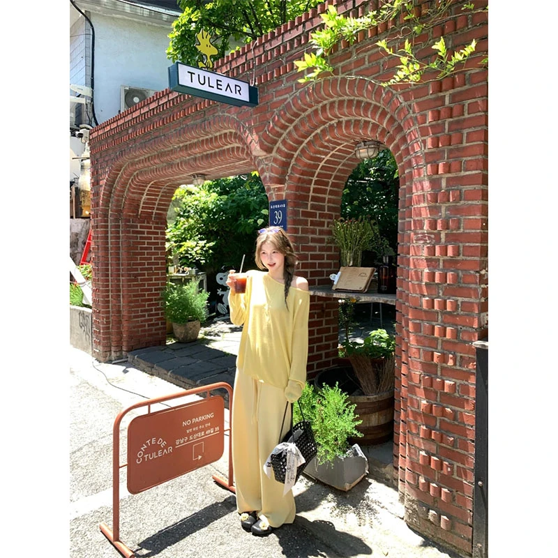 夏季慵懒风小众网红穿搭显瘦修身斜肩上衣休闲宽松时尚百搭长裤女