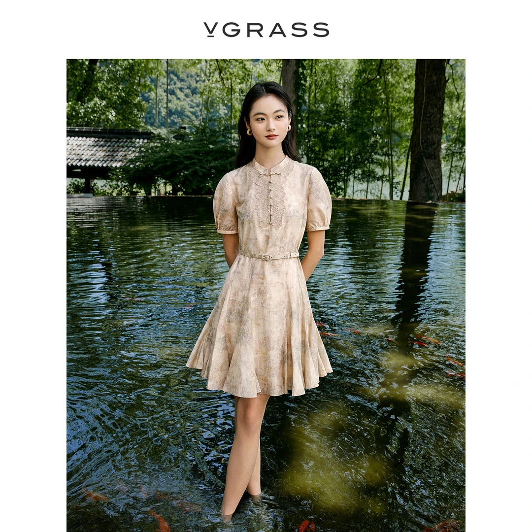 VGRASS定位印花叠绣连衣裙夏季新款丝棉温婉大方衣服VSL2P2432C