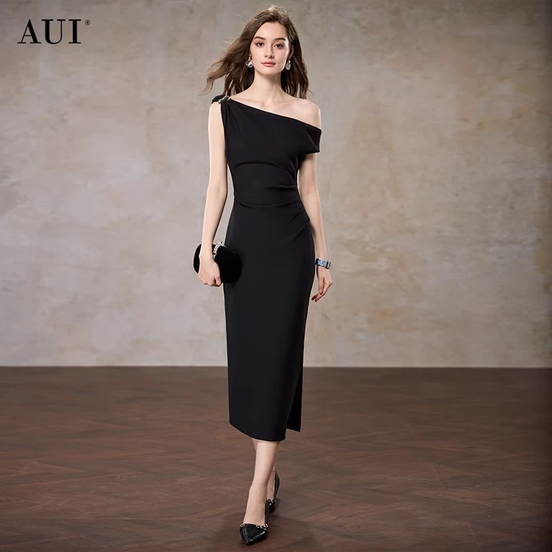 【粉丝专属】AUI时尚黑色职业显瘦连衣裙气质修身包臀长裙25W019378
