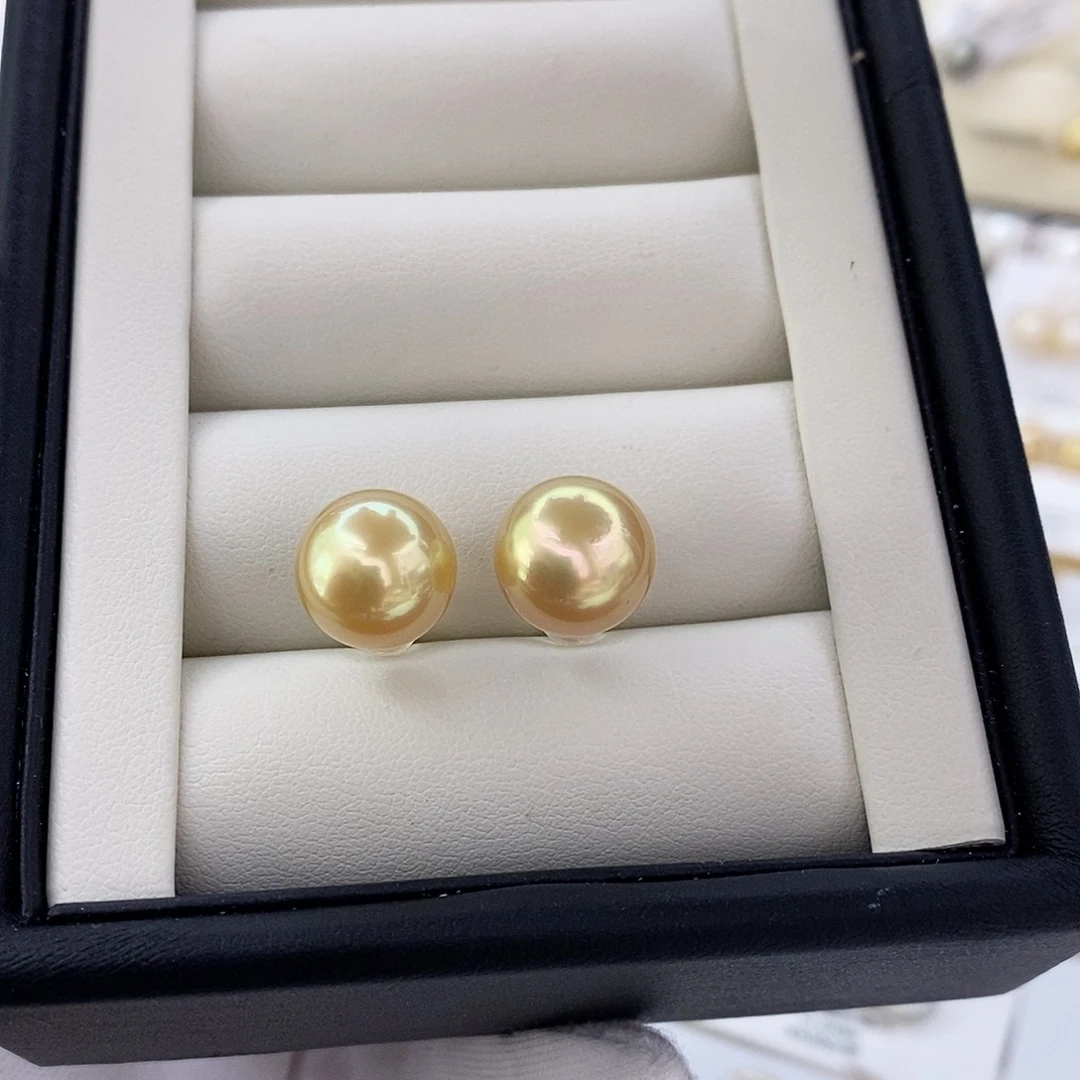 18K金镶嵌耳饰海水珍珠茶金耳钉11.5/11.6mm