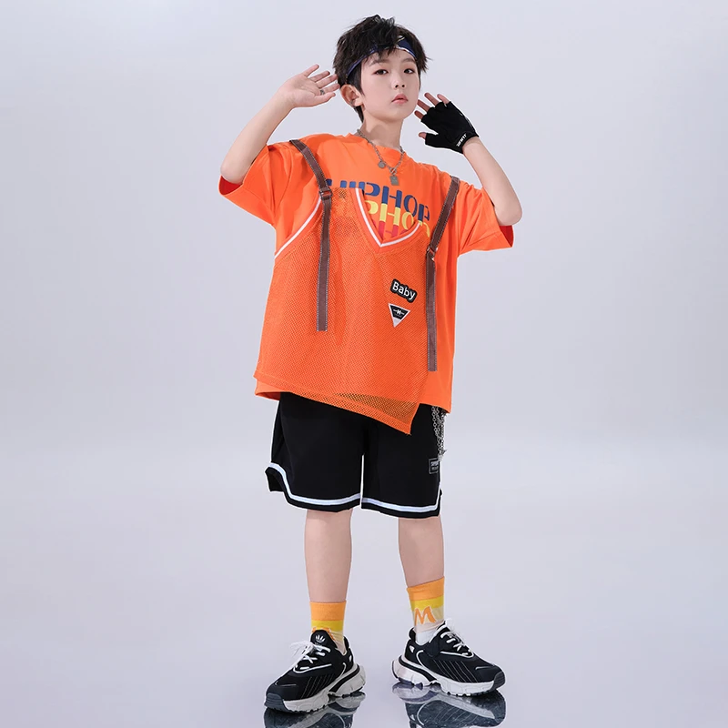 街舞儿童演出服夏季男女童潮酷假两件T恤嘻哈hiphop舞蹈练功服装