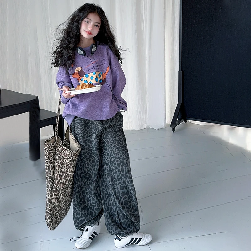 休闲气质卡通圆领卫衣女童2025新款慵懒风时尚百搭紫色上衣