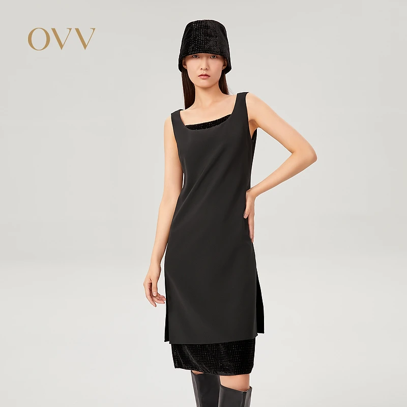 OVV秋冬日本进口闪光面料镶拼无袖小黑裙连衣裙GQLWJ31102A