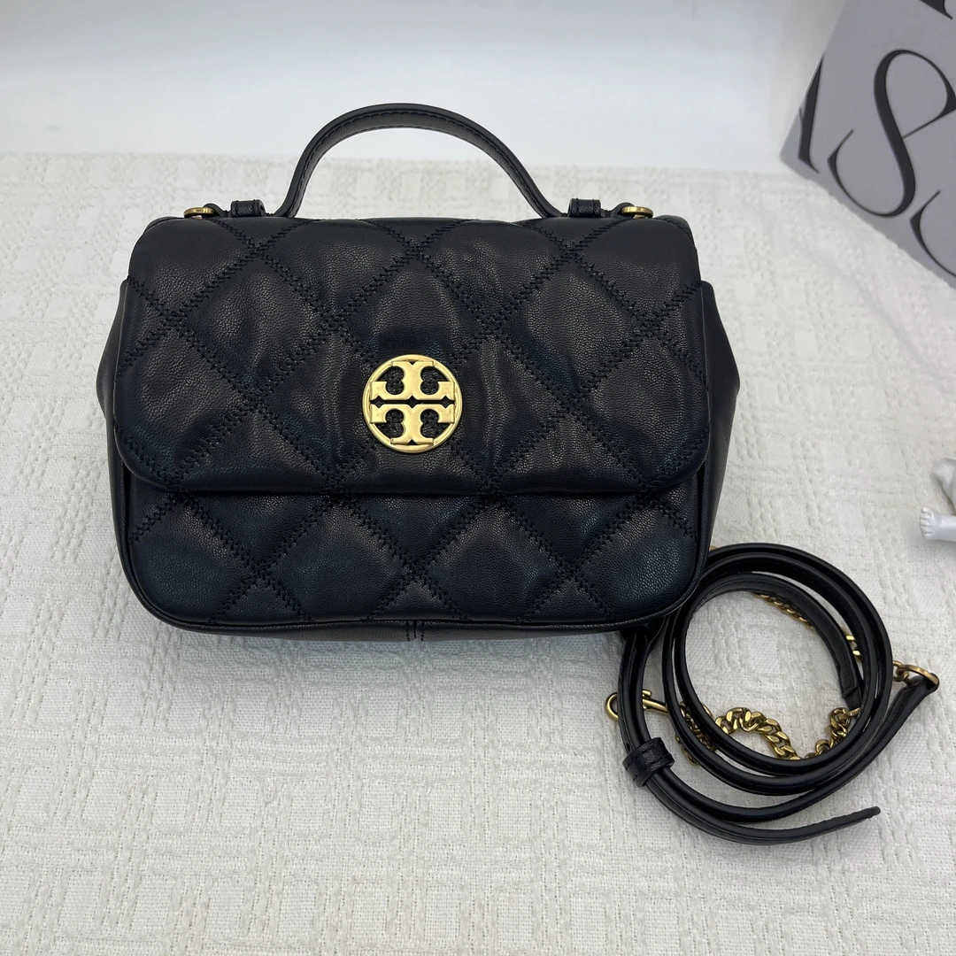 95新 TORY BURCH/汤丽柏琦 Willa黑色方胖子手提斜挎包 052小香风