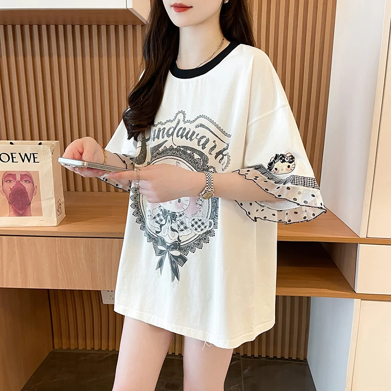 纯棉洋气花瓣袖刺绣夏季新款短袖T恤女韩版宽松孕妇遮屁股上衣ins