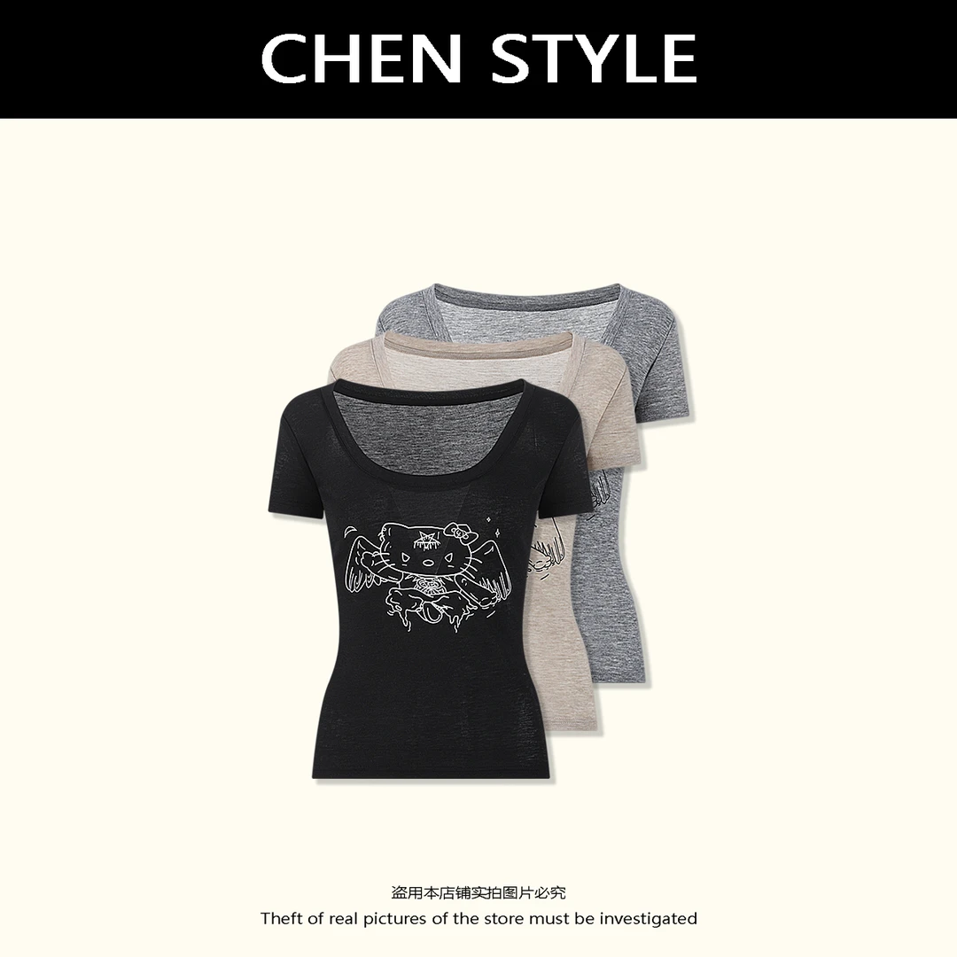楚楚君【凯蒂猫】夏季U领简约小猫印花时尚短袖T恤T42456