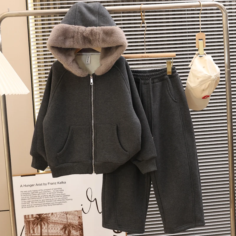 羊驼绒超厚儿童加绒卫衣2025新款男女童秋冬装加厚保暖套装休闲潮