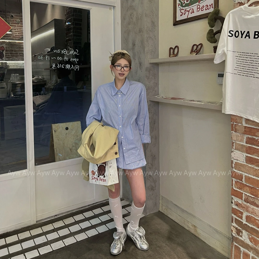 【格子套装】春季新款格子套装翻领衬衣开衫+抽绳花苞短裤套装