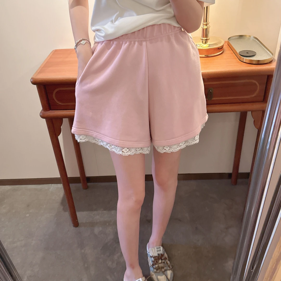 【张静芝】韩国新品~简约粉嫩花边拼接插兜松紧腰休闲短裤