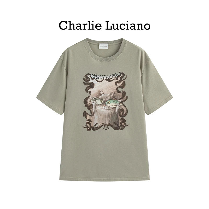 Charlie Luciano猫鱼印花T恤夏季潮牌设计感宽松男女圆领短袖上衣