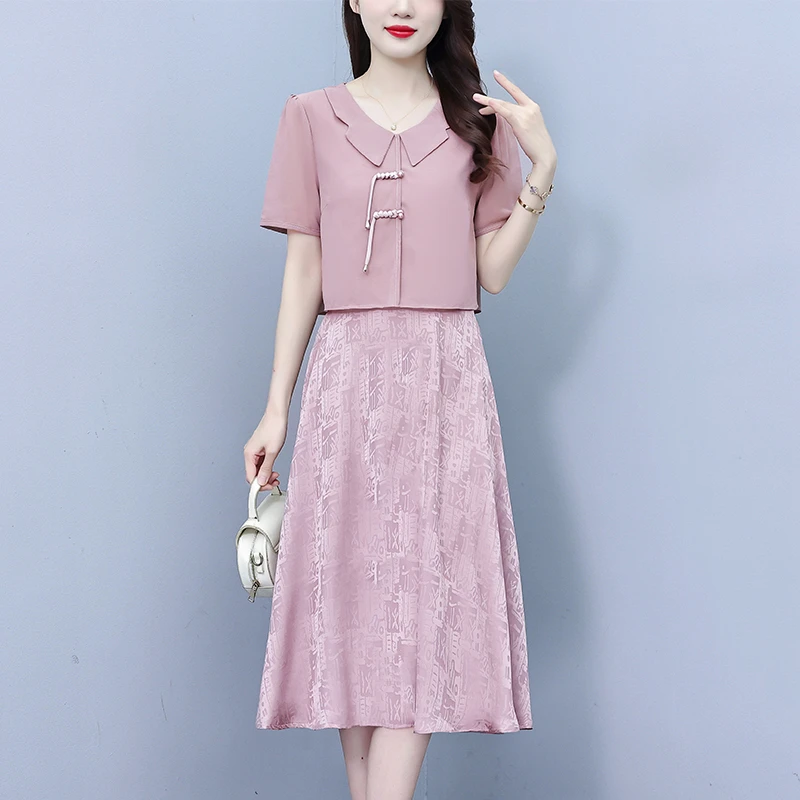CD#2513 大码连衣裙新中式改良风气质盘扣显瘦减龄假两件中妈妈夏