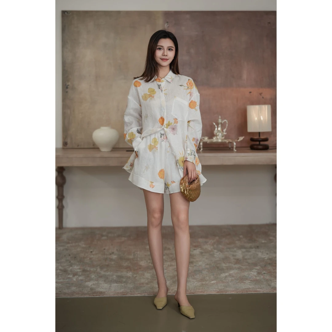 NIXNIA 新品 亚麻印花落肩宽松衬衫女 NGD2FSW010