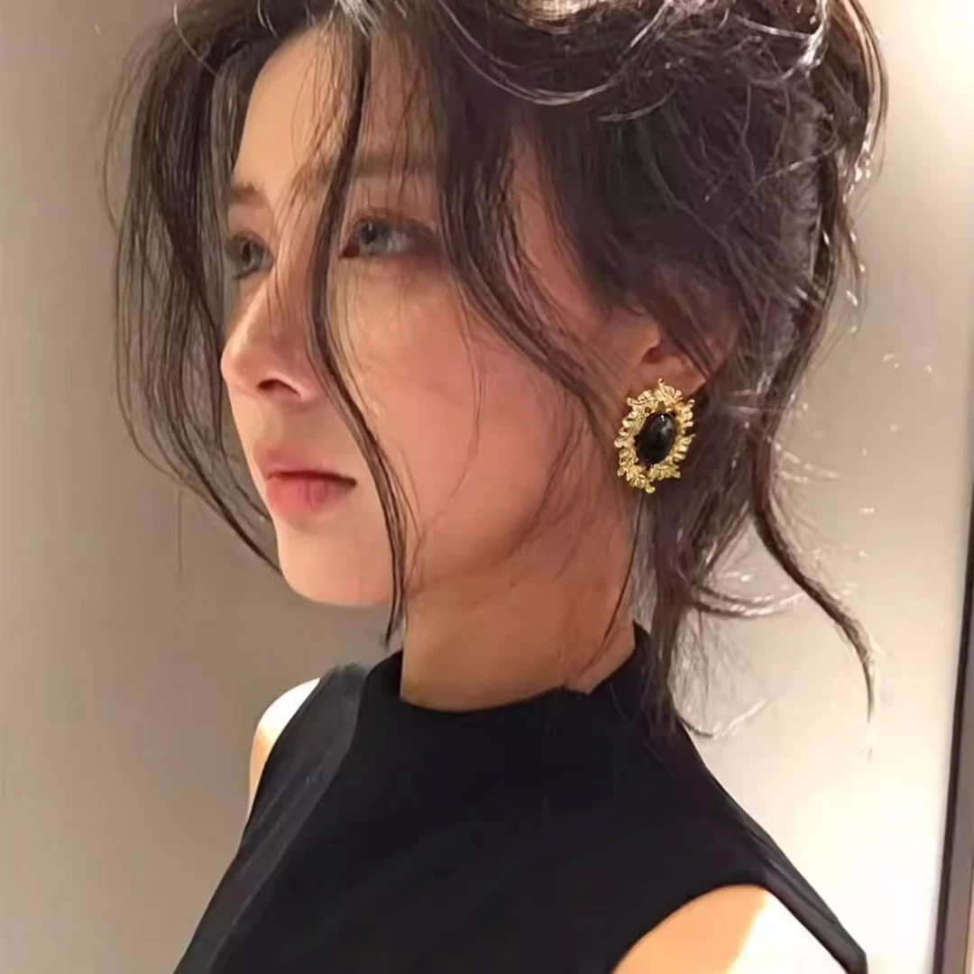 中国风黑色几何椭圆女高级感气质欧美复古宫廷耳钉耳环大款夸张