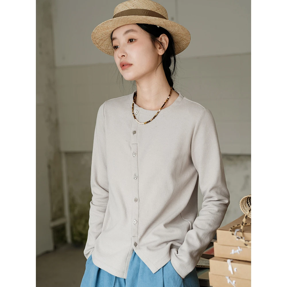 320G肌理感长绒棉 斜襟套头T恤长袖女装上衣2025春夏新款可然宁亦