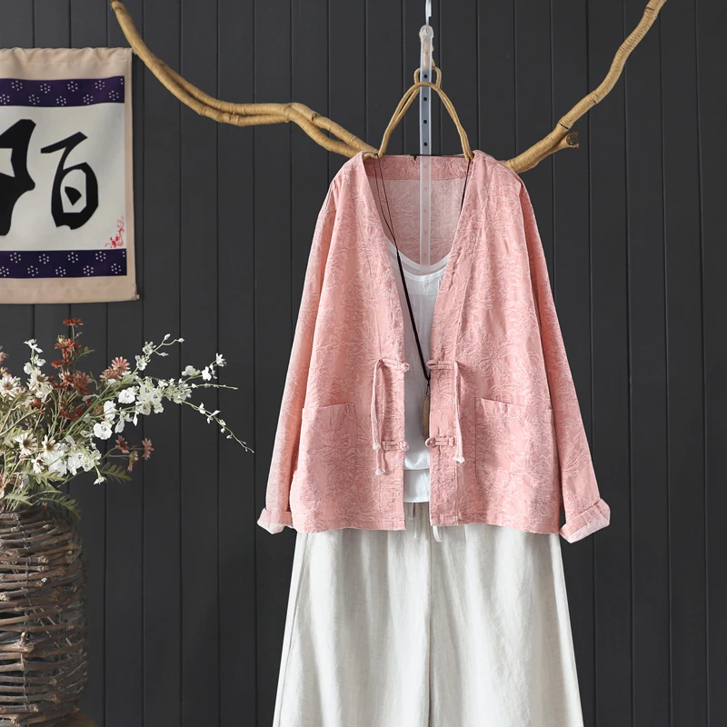文艺复古暗纹提花棉麻开衫外搭女春季宽松V领长袖包边外套茶服女