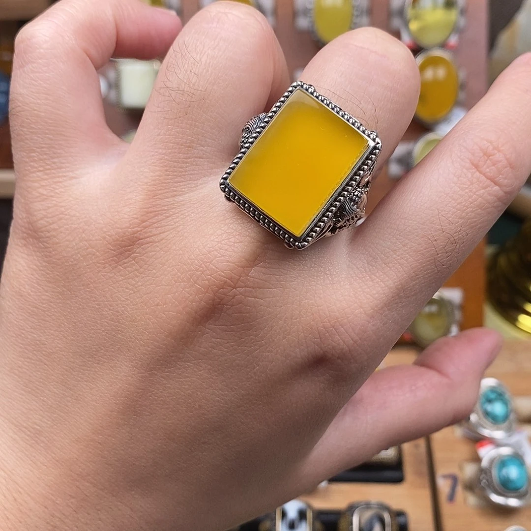 琥珀戒指银S925镶嵌风**吹琥珀