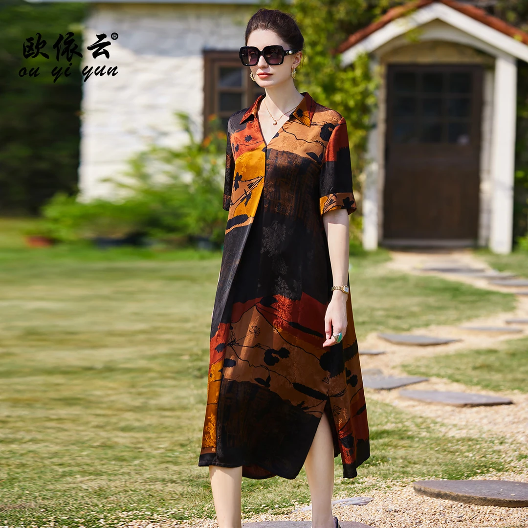 39238欧依云中年妈妈洋气花裙子宽松夏装2025新款显瘦大码连衣裙