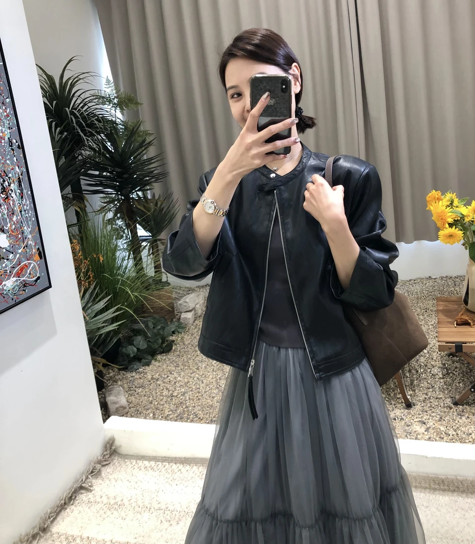 美式复古正肩PU皮拉链机车皮衣女春季短款美式复古立领夹克外套女