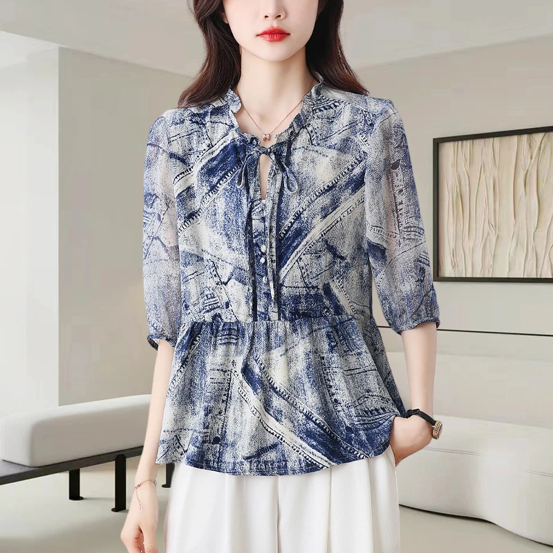 V领系带印花雪纺衫2025夏季高级感五分袖宽松百搭休闲小衫女