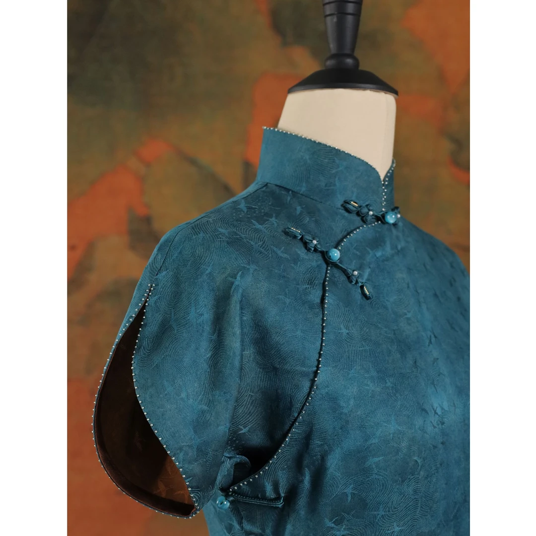 女神姑娘新品【柳烟】红云纱手工开襟纯蓝色素雅长旗袍Q50720-5-30
