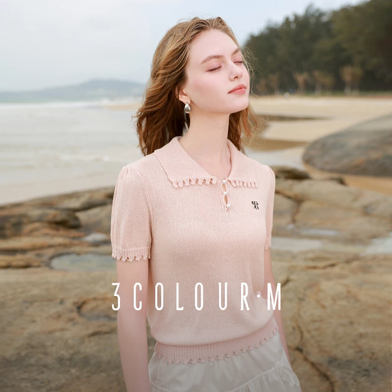 三彩2025夏季新款短袖针织衫蝴蝶结毛衫翻领短款泡泡袖上衣女M