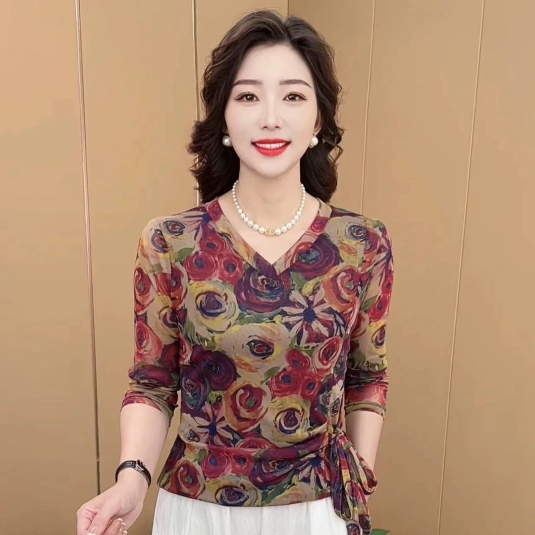 早秋新款时尚V领收腰系带设计妈妈装休闲气质百搭女士打底长袖顺