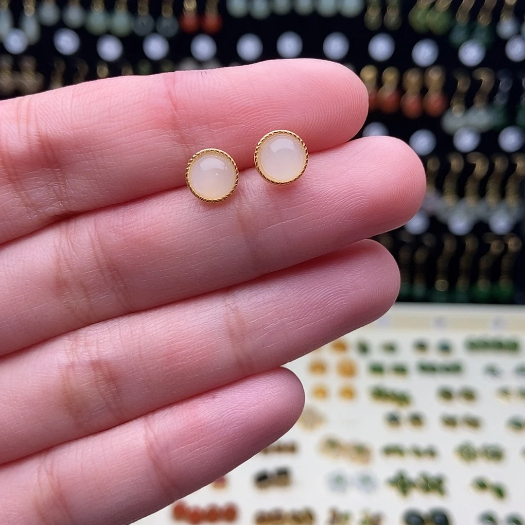 和田玉银S925镀金镶嵌耳饰