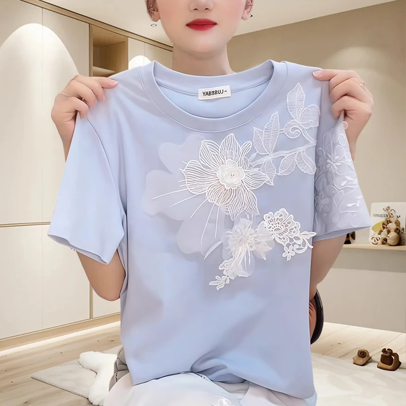 时尚蕾丝花朵拼接t恤女款短袖韩版洋气设计感重工圆领短袖女士ins