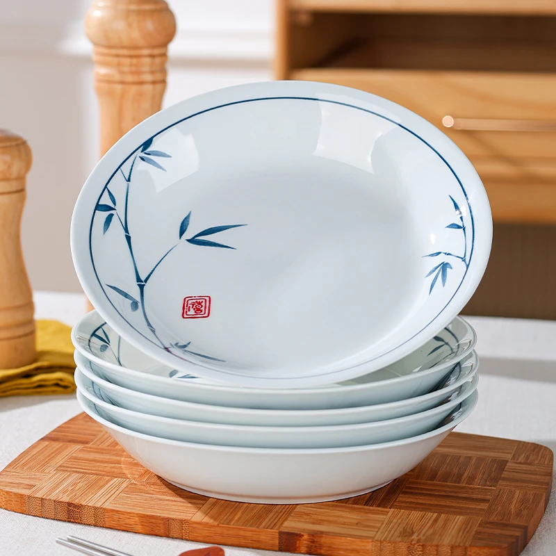 圆形竹子釉下彩盘陶瓷创意日式中式汤碗网红餐盘圆盘盘子餐具家用