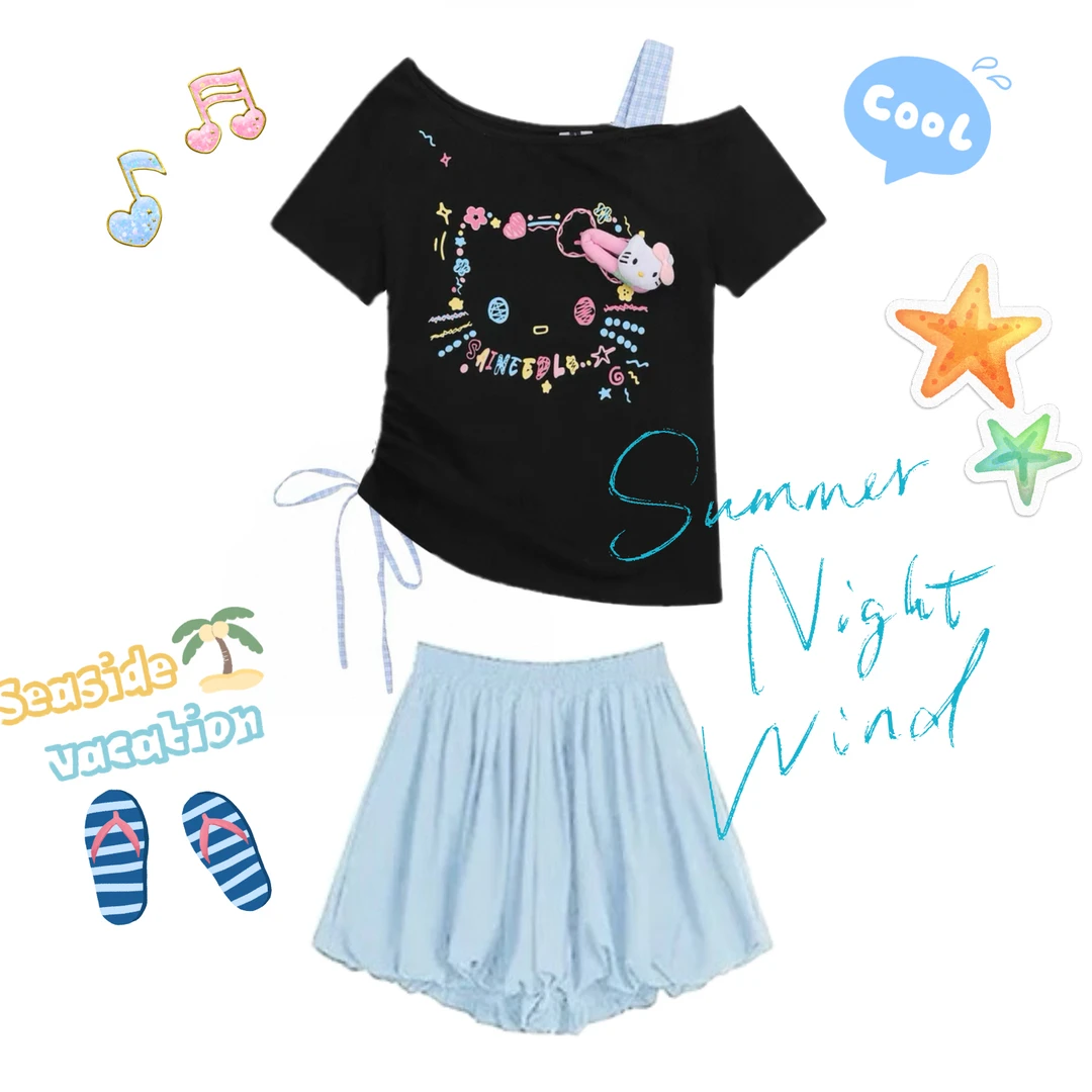 【kitty猫三件套】复古印花斜肩短袖T恤女夏季抽绳宽松显瘦辣妹