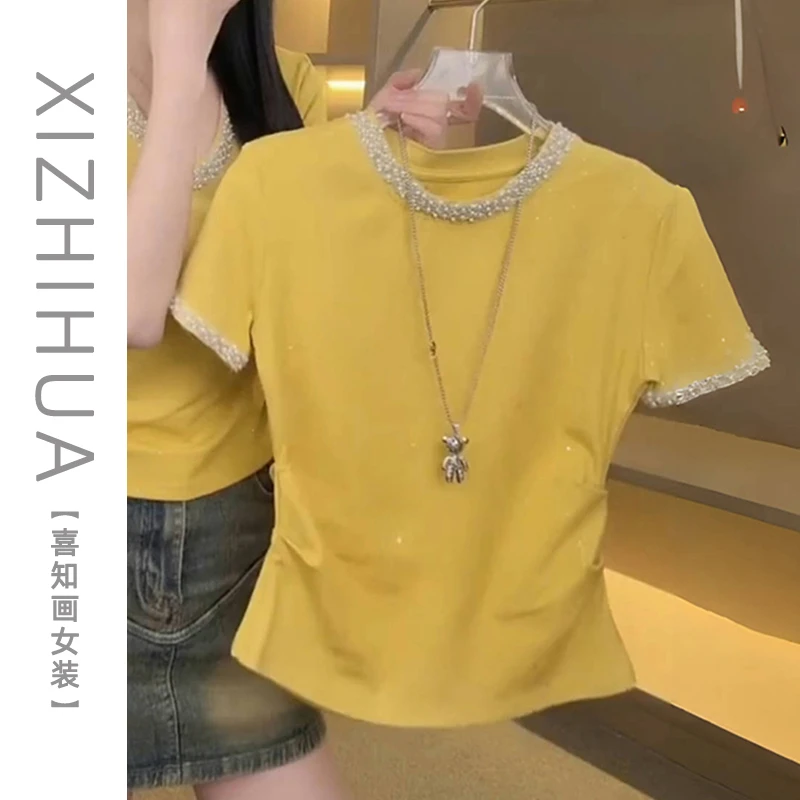 时尚轻熟风黄色圆领短袖套头T恤2025年夏季新款修身百搭显瘦上衣