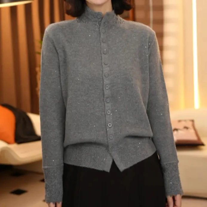 韩系轻熟风手工钩花半高领珠片开衫2025秋冬新款时尚洋气优雅毛衣