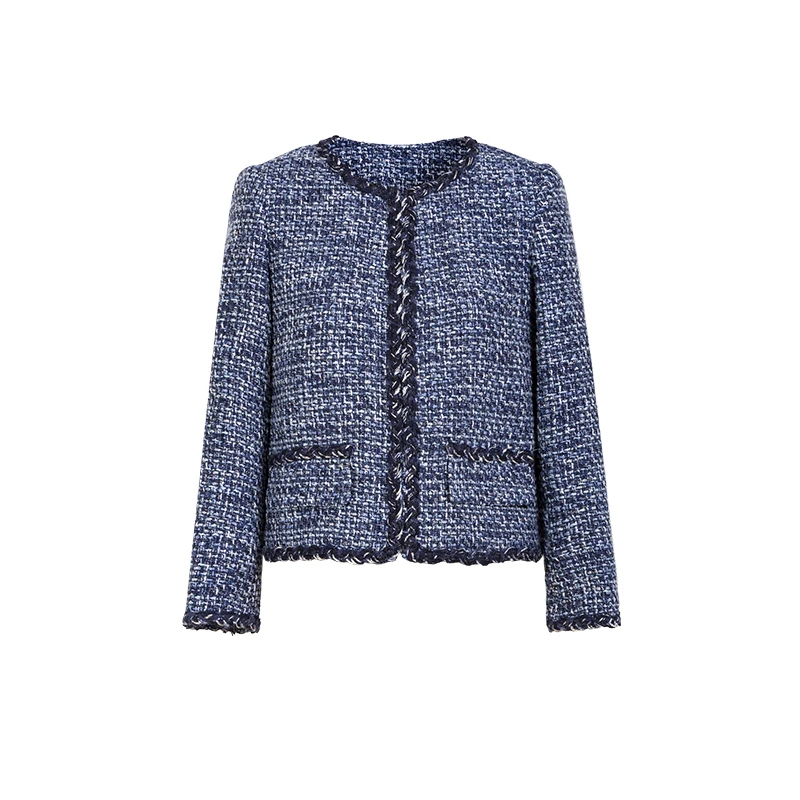 25339 女装秋圆领百搭名媛蓝色小香风外套修身显瘦长袖法式粗花呢