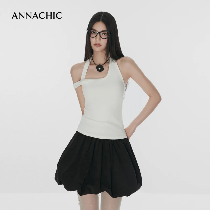 ANNACHIC白色挂脖无袖背心女夏季新款露背设计感修身显瘦外穿上衣