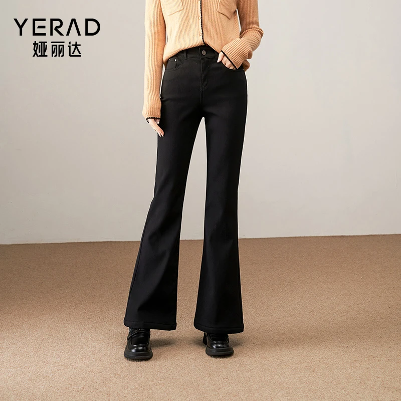 娅丽达加绒微喇牛仔裤女2025冬季新款女裤弹力修身黑色喇叭裤