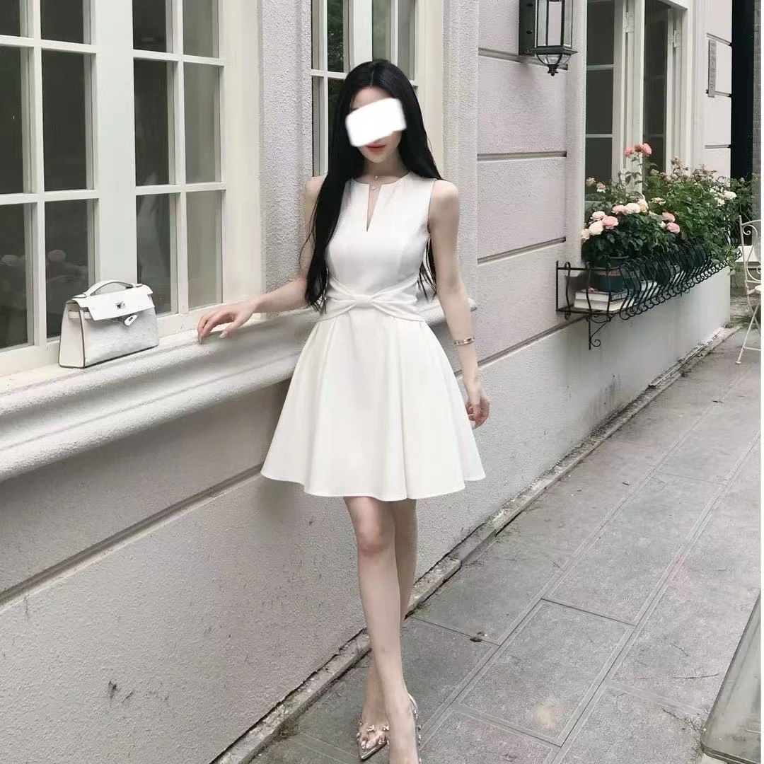 【白月颂歌】纯欲风蝴蝶结深V领短连衣裙白色气质收腰小众轻奢优雅