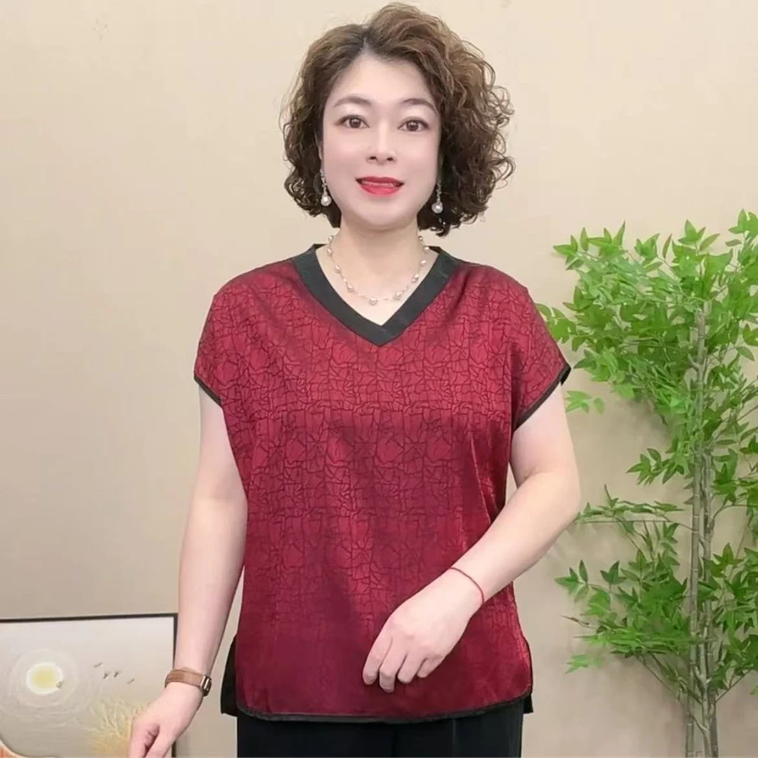 短袖夏季遮肚小衫龟裂纹宽松中老年妈妈装女士气质薄款蝙蝠袖T恤