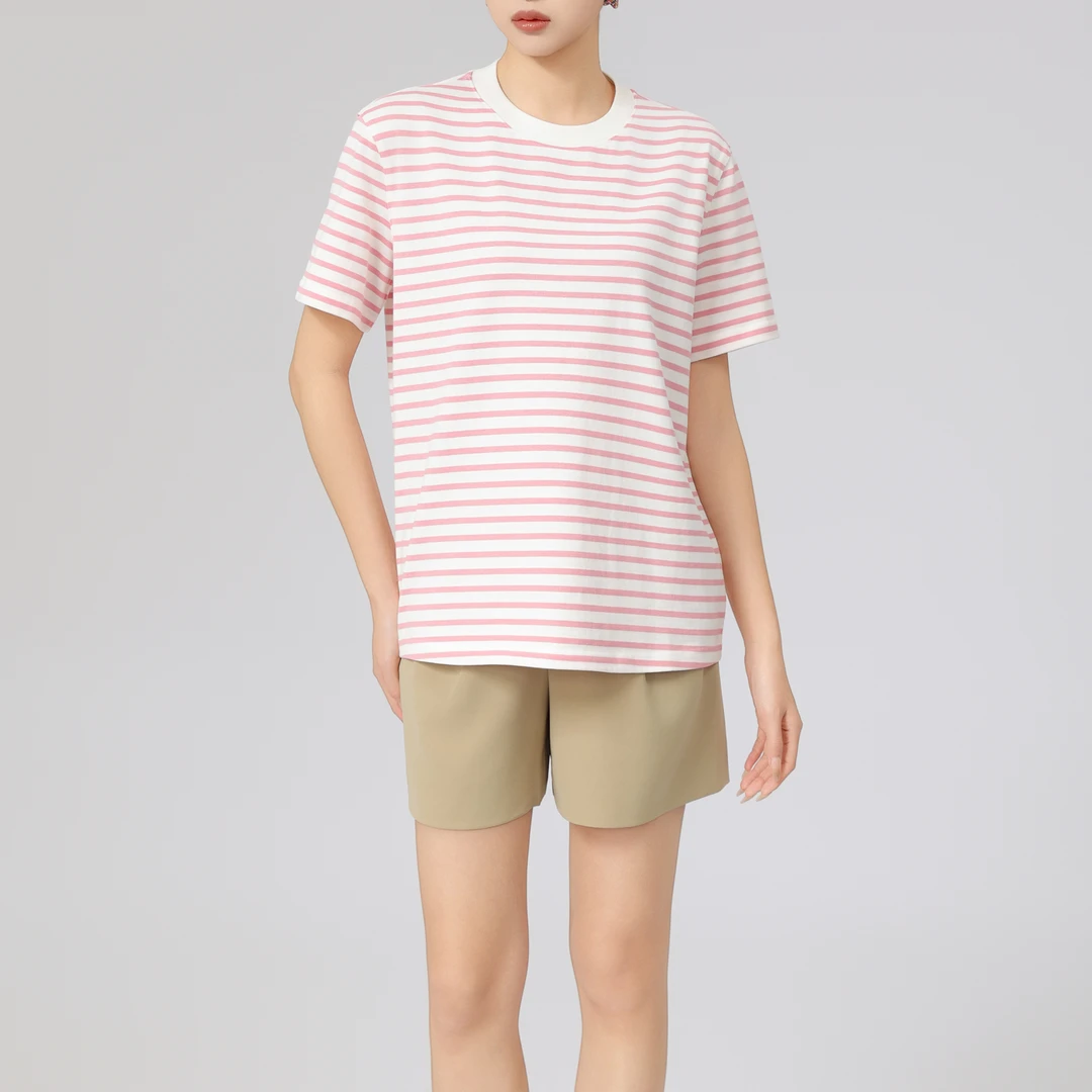 AMASS/阿玛施新款纯棉衬衣条纹气质百搭显瘦短袖圆领T恤女5300902