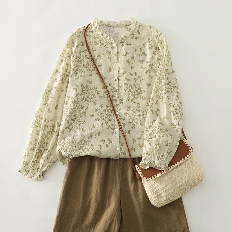复古文艺碎花衬衫女2025春秋季巨舒服百搭宽松棉麻花边领印花小衫
