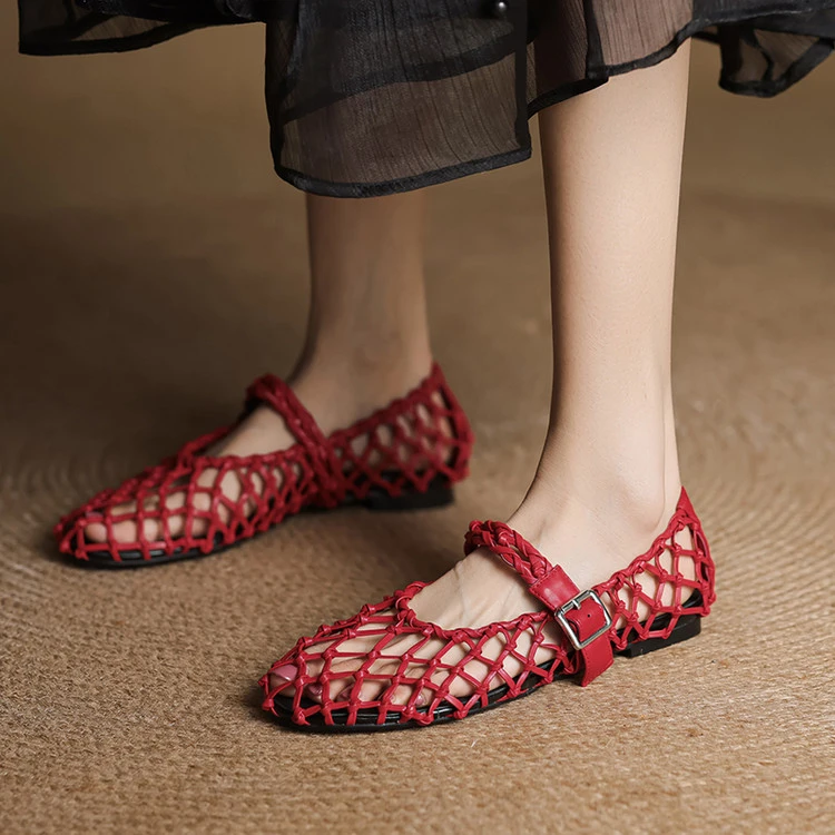 巨软牛皮~手工鞋编织镂空包头凉鞋平底春夏单鞋透气百搭时尚女鞋