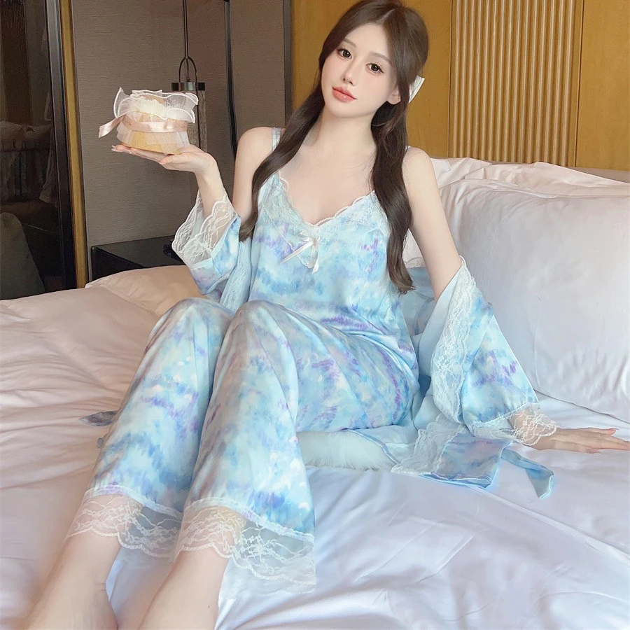 新款睡衣女士春夏冰雪丝睡袍套装带胸垫短吊长裤印花纯欲风三件套