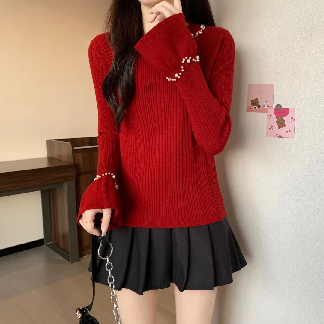 大码喇叭袖针织打底衫女秋冬胖MM高级感重工钉珠毛衣百搭上衣新款