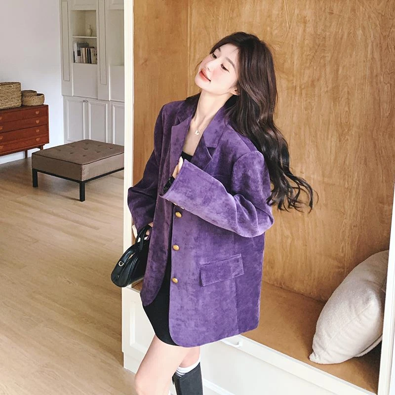 紫色灯芯绒西装外套女2025新款春季复古提花独特超好看高级感西服